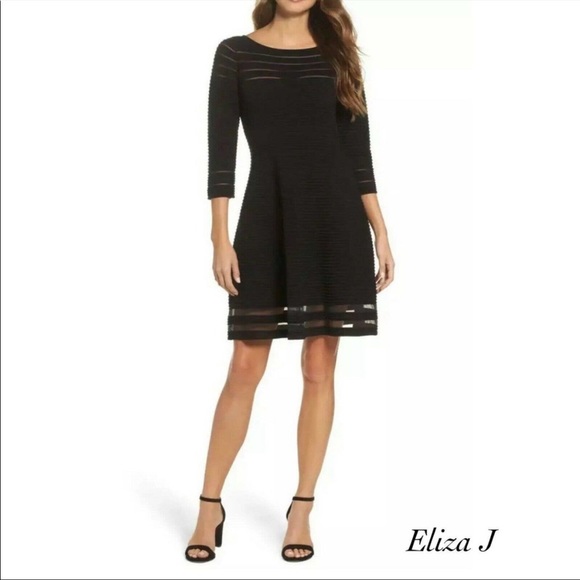 Eliza J Black Sheer Mesh Ribbed Dress - Picture 1 of 6